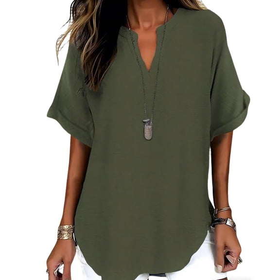 Kezqiaxn Ladies Tops and Blouses Short Sleeve V-Neck Loose Fit Shirts Casual Summer Vacation Clothes 2026