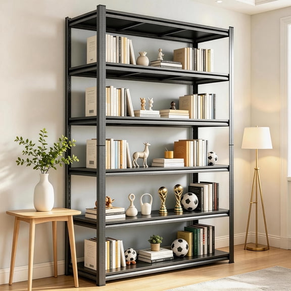 45" W*78" H Book Shelf, 6 Tier Metal Wide Bookshelf, Heavy Duty Book Shelfs, Adjustable Shelving Unit, Tall Bookcase, Industrial Bookshelf for Living Room, Bedroom, Office, Library, Black