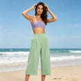 thumbnail image 4 of Womens Cropped Pants High Waisted Wide Leg Pleated Culottes Lightweight Casual Summer Trousers with Pockets for Travel Vacation,Green,XXL, 4 of 7