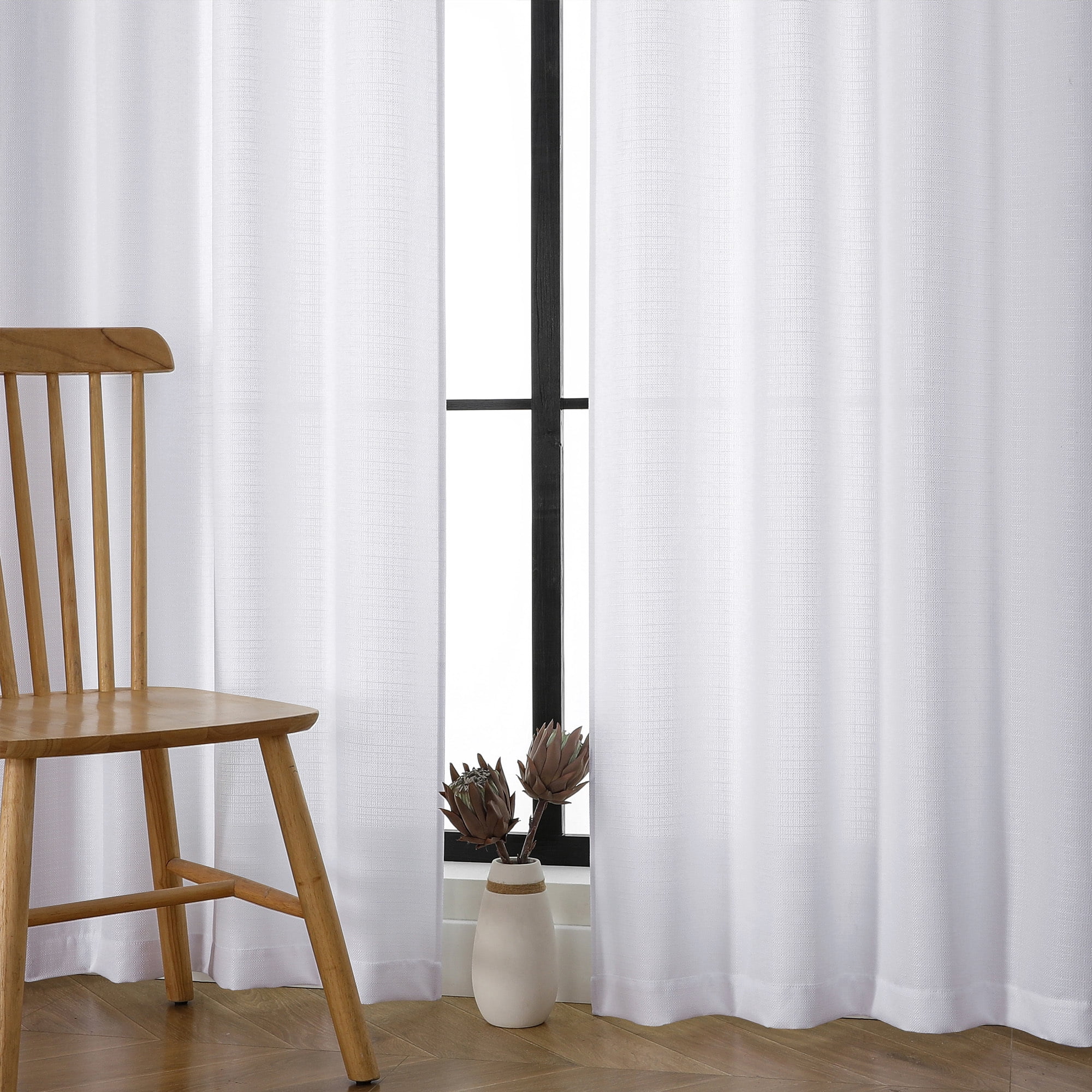 OVZME Bethany White Curtains 96 Inch Length 2 Panels Set, Faux Linen Extra Wide Textured Semi Light Filtering Soft Airy Farmhouse Curtain Drapes for Living Room Bedroom, 50Wx96L, White