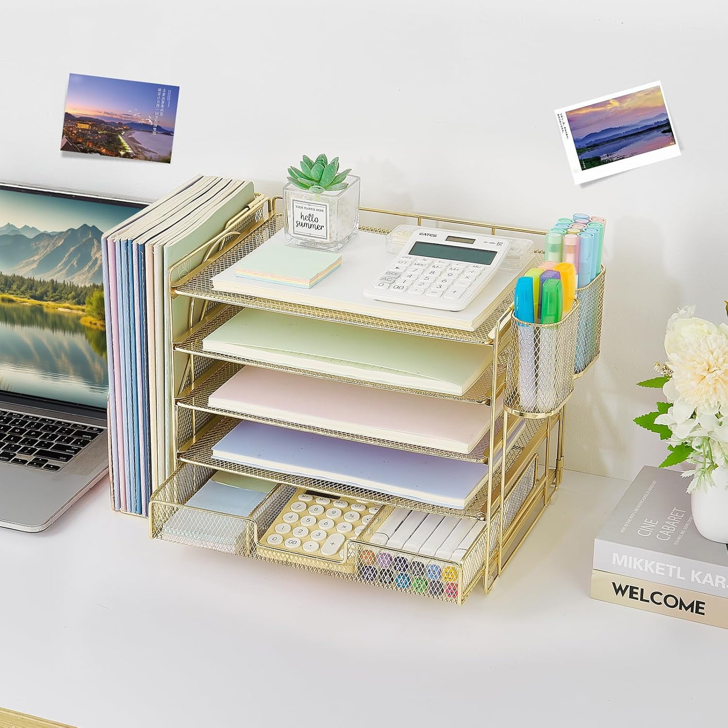 ThrottleT-Desk Organizers and Accessories with File Holder, 5-Tier Office Desk Accessories & Workspace Desktop Organizer with Drawer and 2 Pen Holder, File Paper Organizer for Office Supplies(Gold)