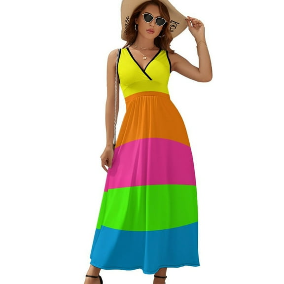 PLAIN SOLID NEON FLUORESCENT RAINBOW STRIPES 5 COLORS Sleeveless Dress Dresses Women Summer Evening Dresses Ladies Bohemia Long Dresses