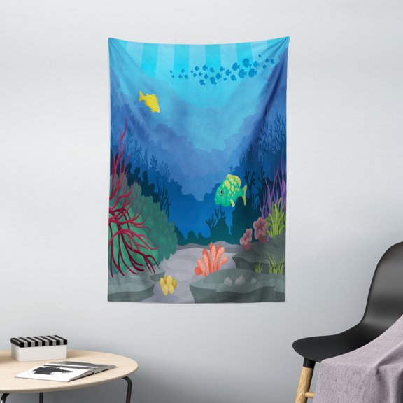 Deep Sea Tapestry, Illustration of Oceanic Seascape Inhabitants Exotic Fauna Seaweed, Wall Hanging for Bedroom Living Room Dorm Decor, 40W X 60L Inches, Azure Blue and Multicolor, by Ambesonne