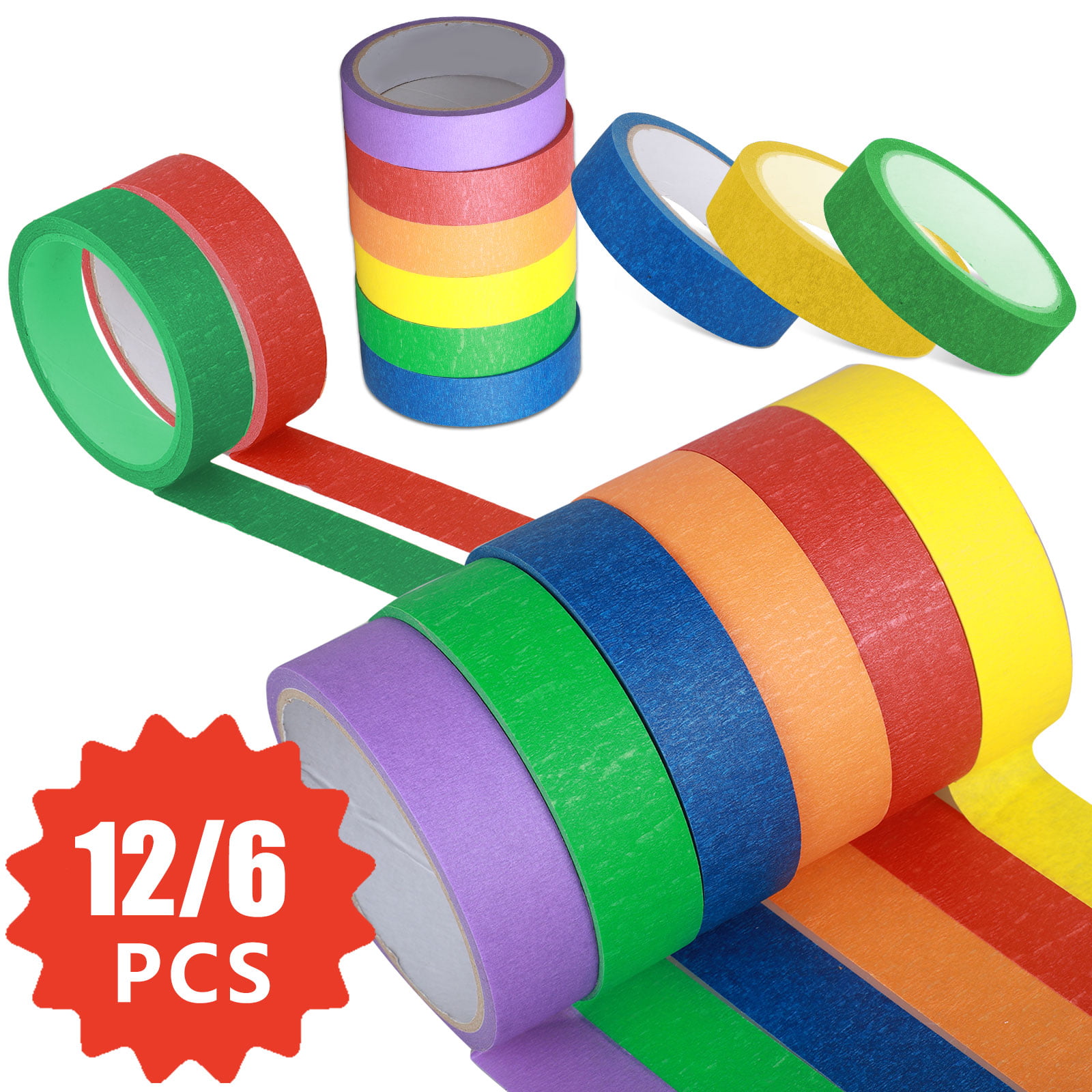 12 6 Rolls Colored Masking Tape Crafts Labeling Tape Rainbow Colors Decorative Masking Tapes