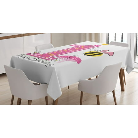 

1st Birthday Decorations Tablecloth Cartoon Like Image with Bees Party Cake Candle Print Rectangular Table Cover for Dining Room Kitchen 60 X 84 Inches Pink Black and Yellow by Ambesonne