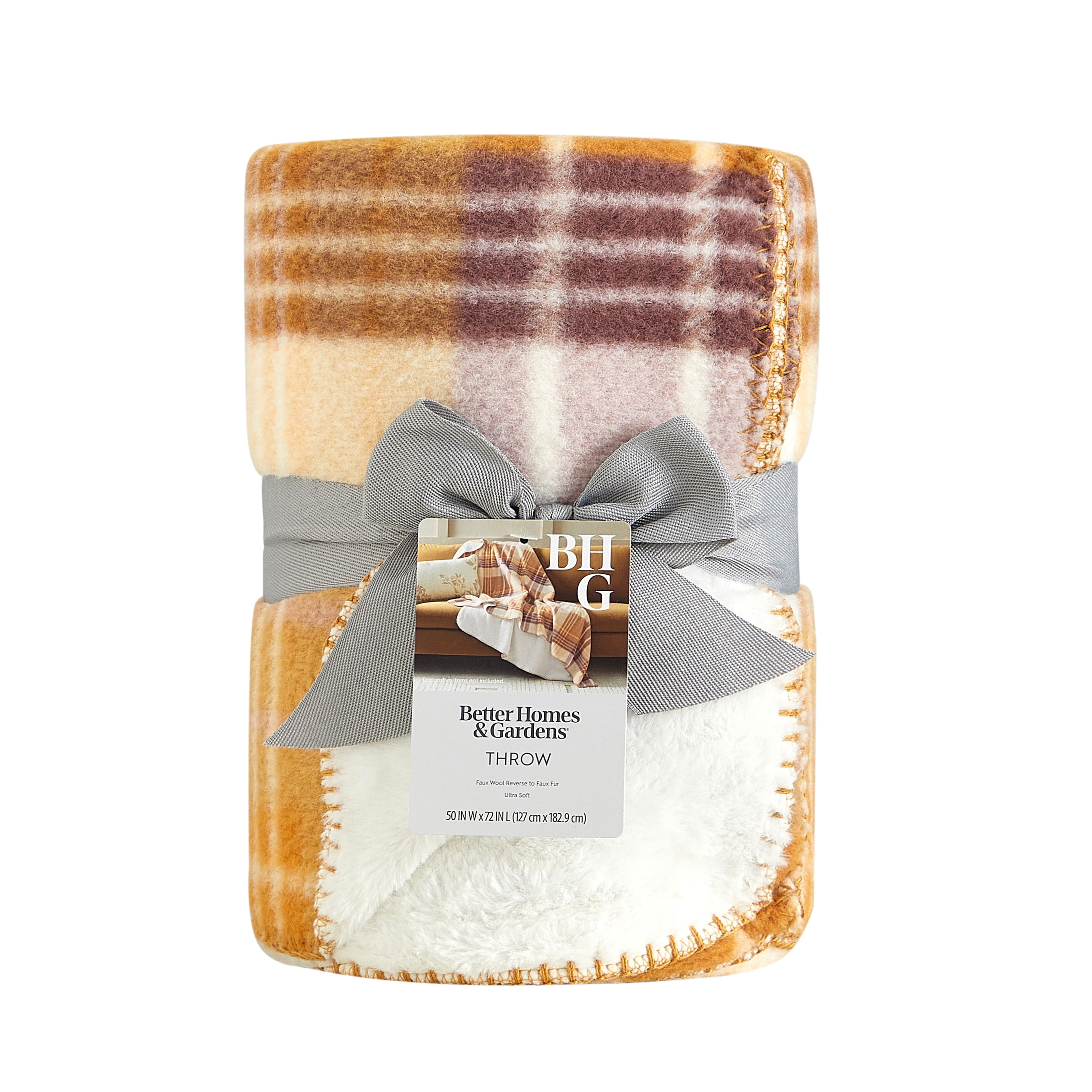 Better Homes & Gardens Almond Plaid Faux Wool Reverse to Faux Fur Throw, 50" x 72"