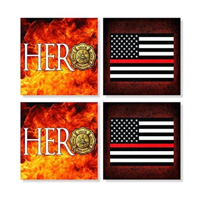 Firefighter Hero Flames 4 x 4 Inch Tabletop Coasters Gift Boxed Set of ...