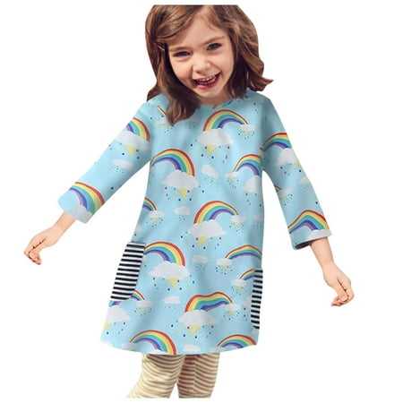 

TUOBARR Toddler Kids Baby Girl Rainbow Print Cute Cloud Cartoon Princess Dress Clothes Multi-color (18M-6T)