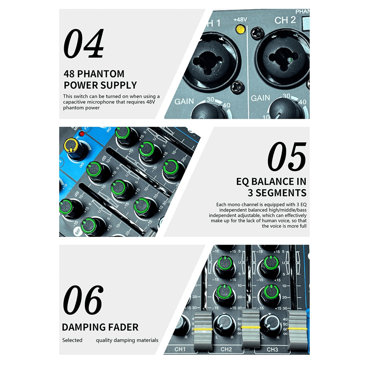 6-Channel Small Multi-Function Mixer for Stage Performances, Karaoke Live Broadcast, with USB Bluetooth Mixer