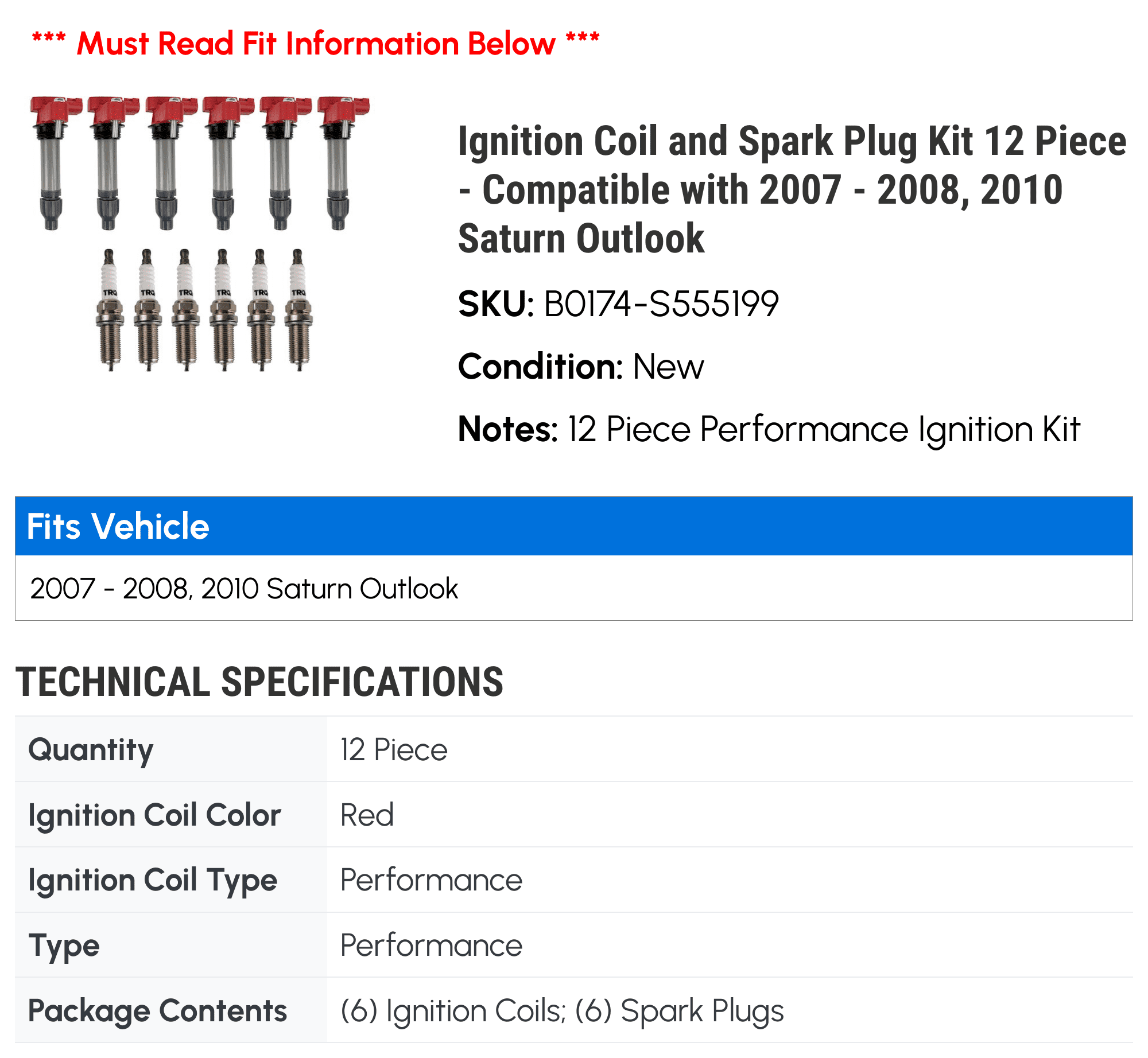 Ignition Coil and Spark Plug Kit 12 Piece - Compatible with 2007 - 2008, 2010 Saturn Outlook