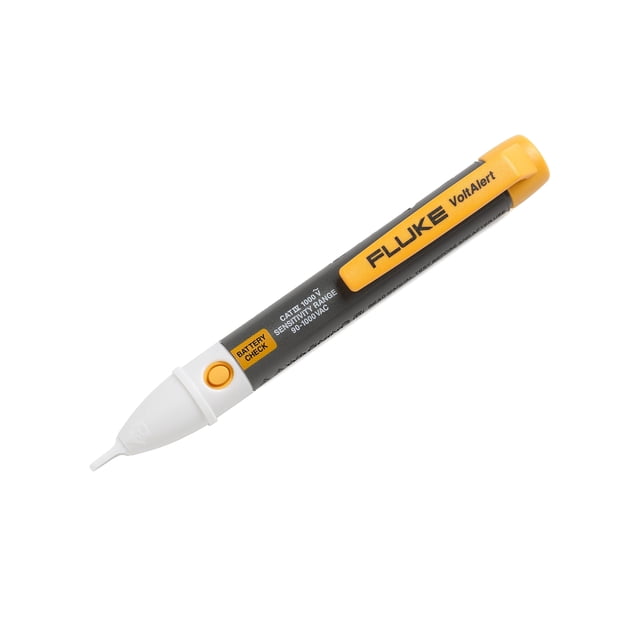 fluke 2ac/90-1000v5pk voltalert detector de voltaje con punta recta de 90 v a 1000 v ca (paquete de 5) Detector de voltaje tipo bolígrafo Fluke VoltAlert en negro y amarillo. Vista de 3/4 superior con punta recta blanca, clip amarillo y botón de verificación de batería; texto impreso indica detección de 90–1000 V AC. Suele ser adecuado para comprobar alimentaciones y terminales en instalaciones residenciales y comerciales.