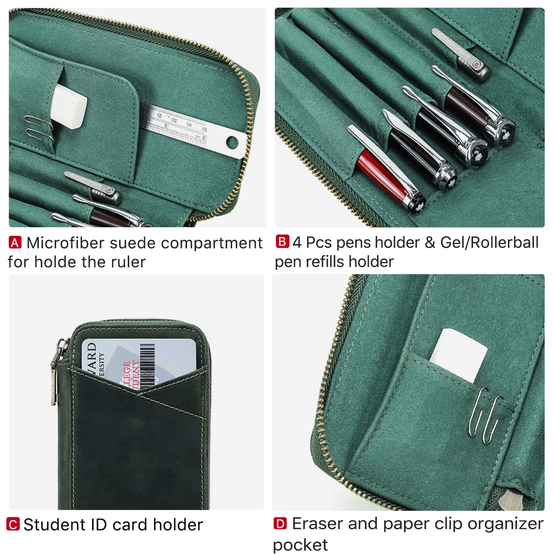 Hiram Genuine Leather Pencil Case with 4 Slots, Handmade Multifunctional Zipper Fountain Pen Bag, Student Stationery Pen Box (Green)