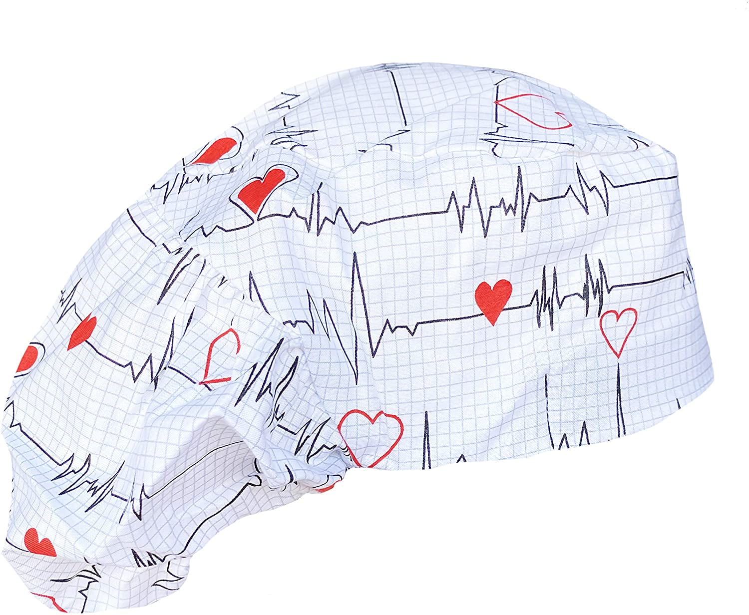 2 pc Navy Blue & White Heart Beat EKG Medical Doctor Scrub Cap Hat Set