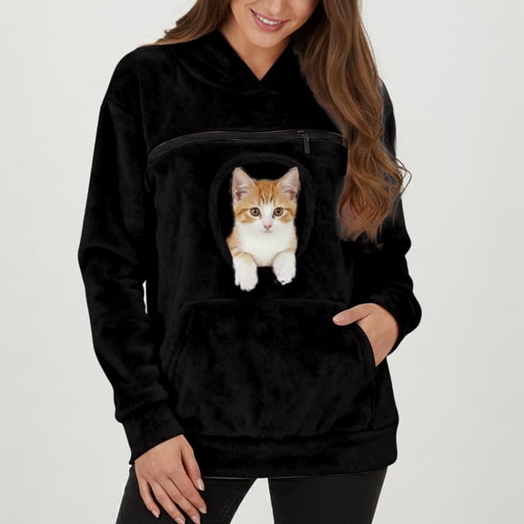 FUZHIQ Women's Fuzzy Pet Pouch Hoodie Cat Dog Carrier Sweatshirt Round Zipper Opening Kangaroo Pocket Plush Hooded Pullover for Small Pets