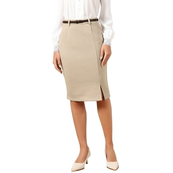 INSPIRE CHIC Pencil Skirt for Women Knee Length High Waisted Elegant Office Work Midi Skirts with Belt XS Khaki