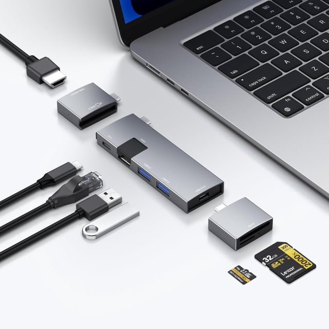 Hub USB C 7-en-2 para MacBook Thunderbolt 4 con HDMI 4K 60Hz Ethernet y Lector de Tarjetas MicroSD S