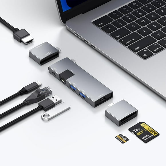 Hub USB C 7-en-2 para MacBook Thunderbolt 4 con HDMI 4K 60Hz Ethernet y Lector de Tarjetas MicroSD S