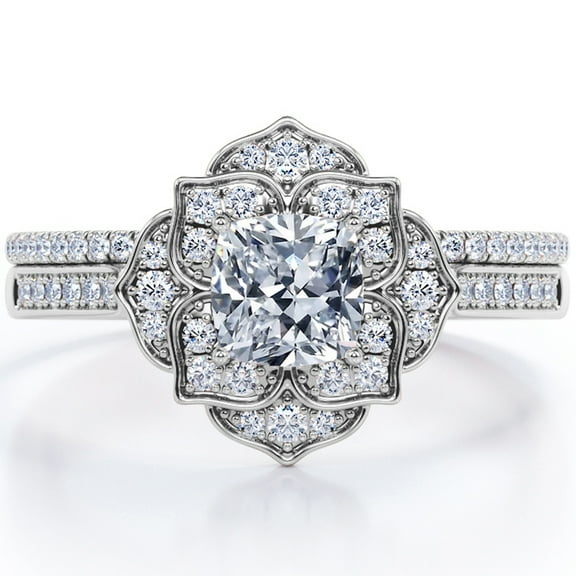 JeenMata Pave-Channel Double Floral Cluster 1.75 Carat Cushion Cut Moissanite Pave Bridal Set In 18K White Gold Plating Over Silver