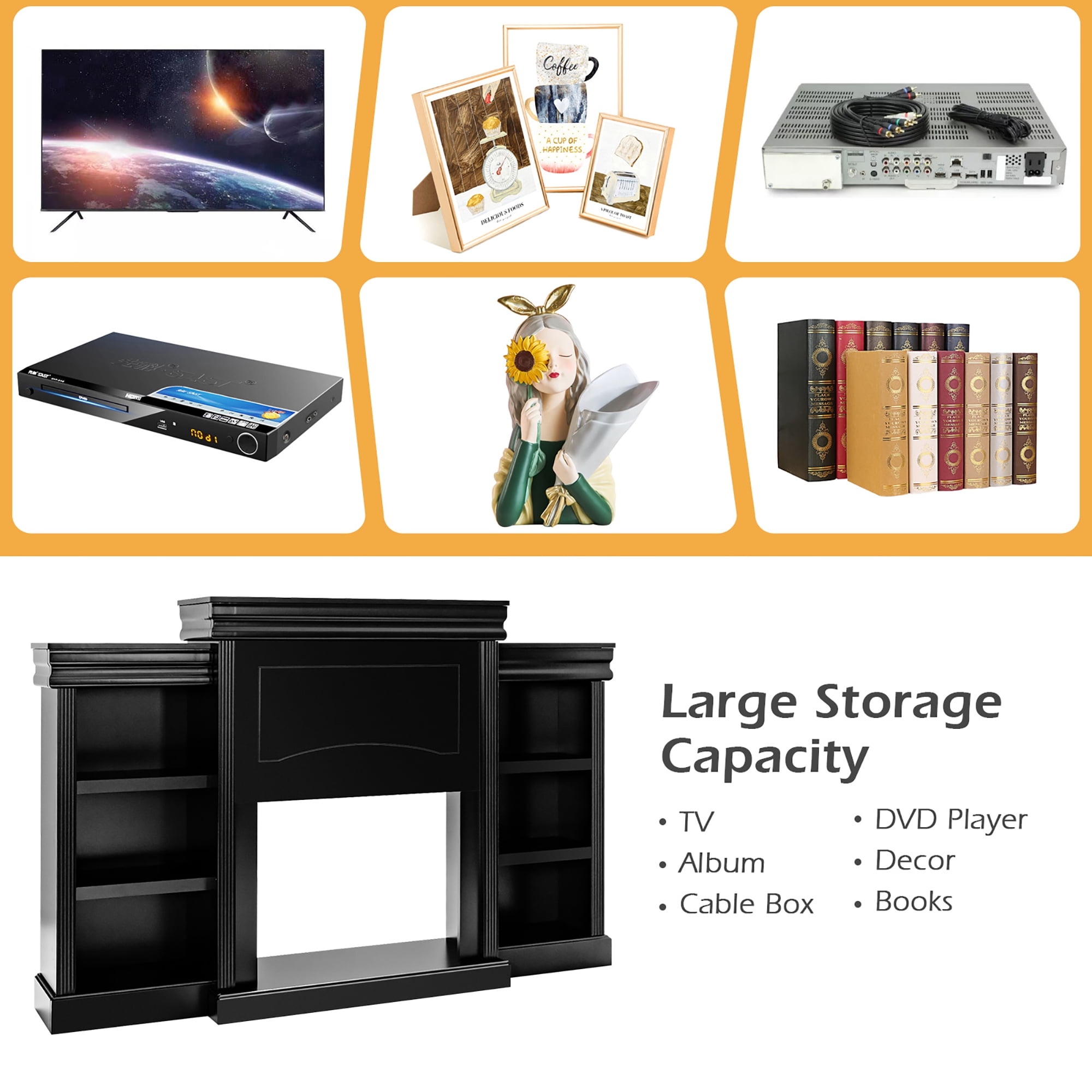 Costway 70'' Fireplace TV Stand Modern Media Entertainment Center Bookcase Black