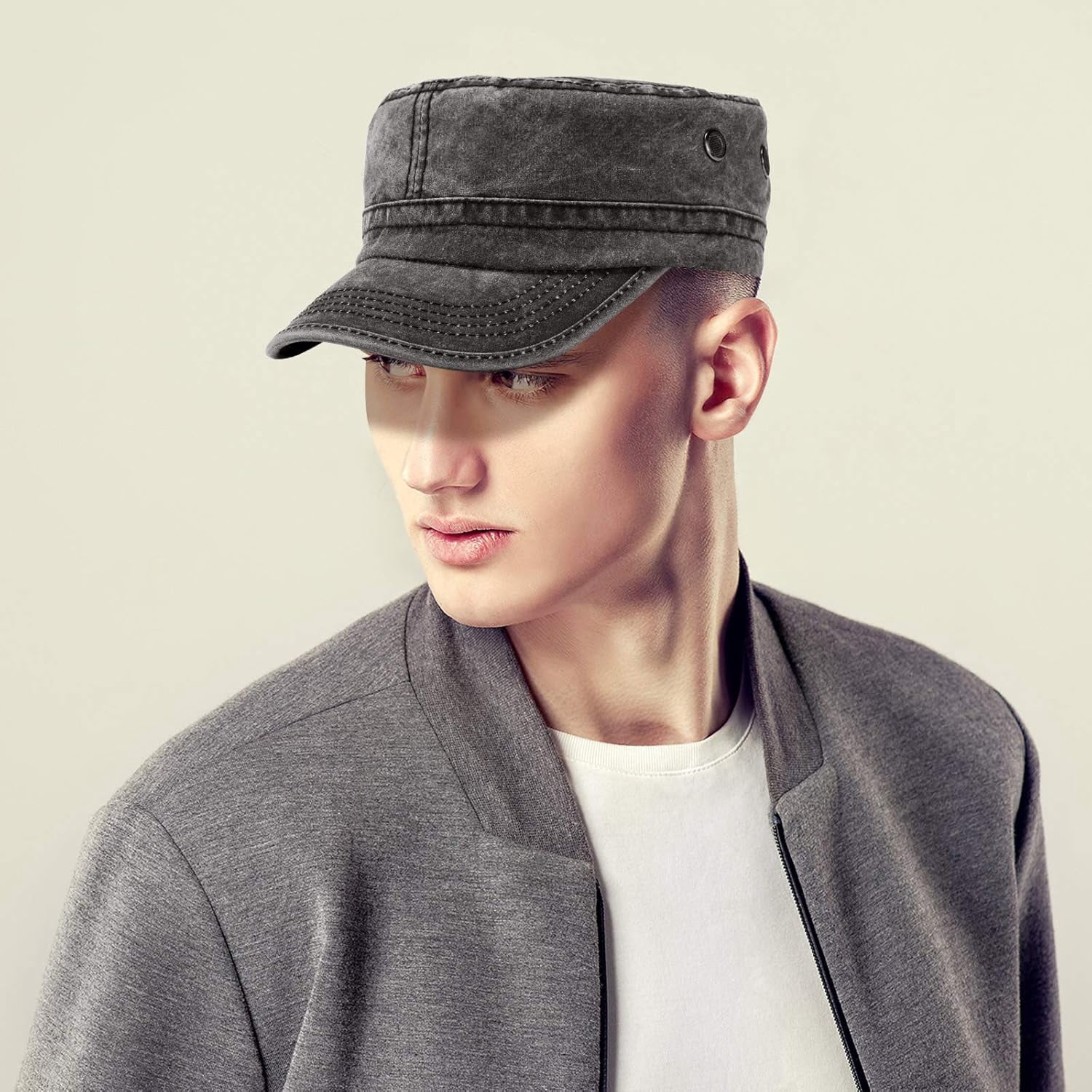 DOVACKA 3 Pieces Cadet Army Cotton Caps Washed Military for Flat Top Caps Adjustable Military Style Hat Unisex