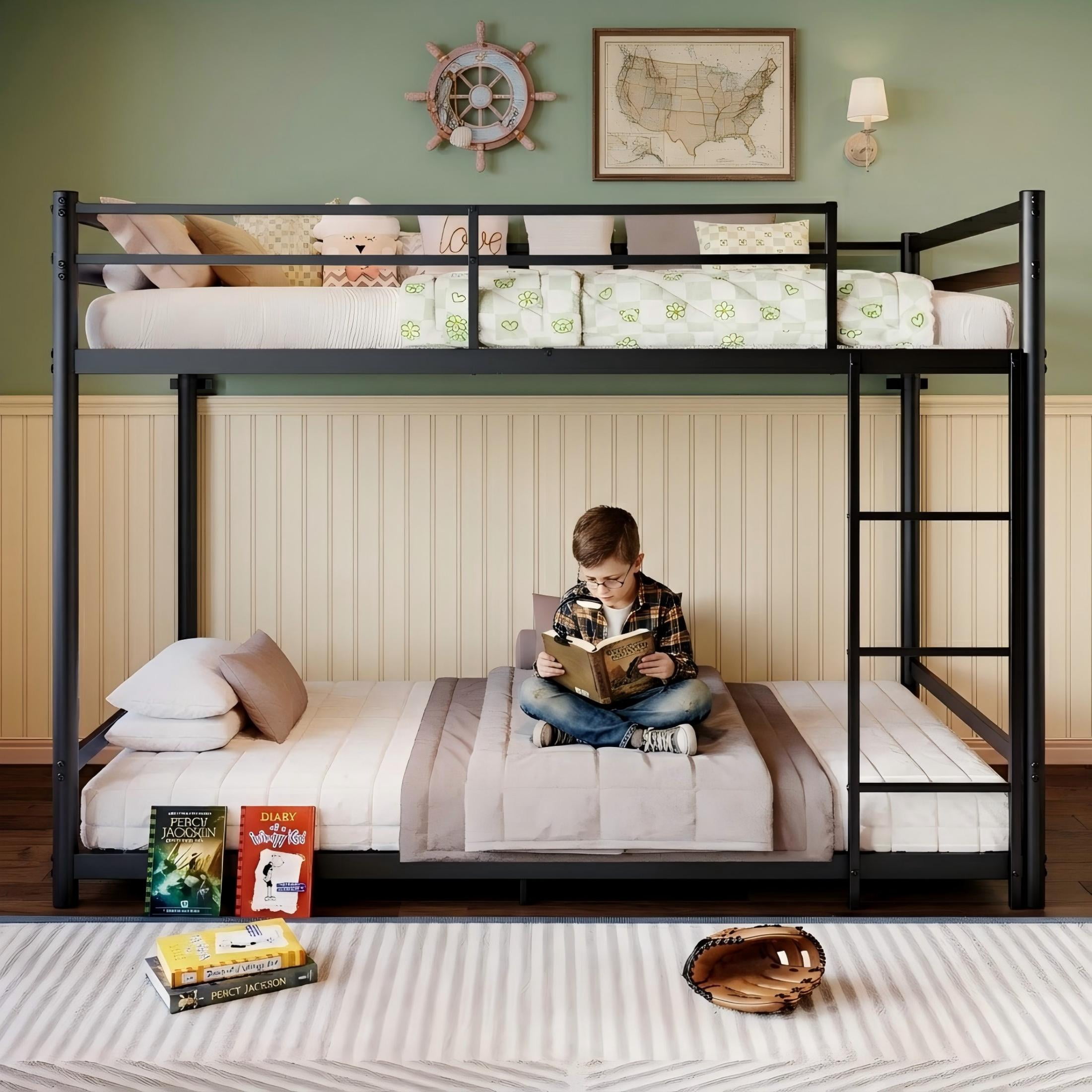 Aukfa Twin over Twin Metal Bunk Bed with Full-Length Guardrails for Kids and Teens, Quiet Design, Black