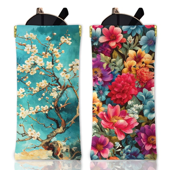 2Pcs Vintage Oil Painting Flowers Soft Glasses Case Plum Blossom Tree Travel PU Leather Glasses Bag Flowers Portable Squeeze Top Eyeglass Case