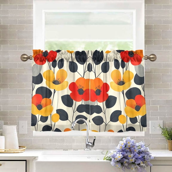 Yayeee Kitchen Curtains Tier Pair Light Filtering 27"x36" Rod Pocket Short Cafe Window Panel, Floral Pattern