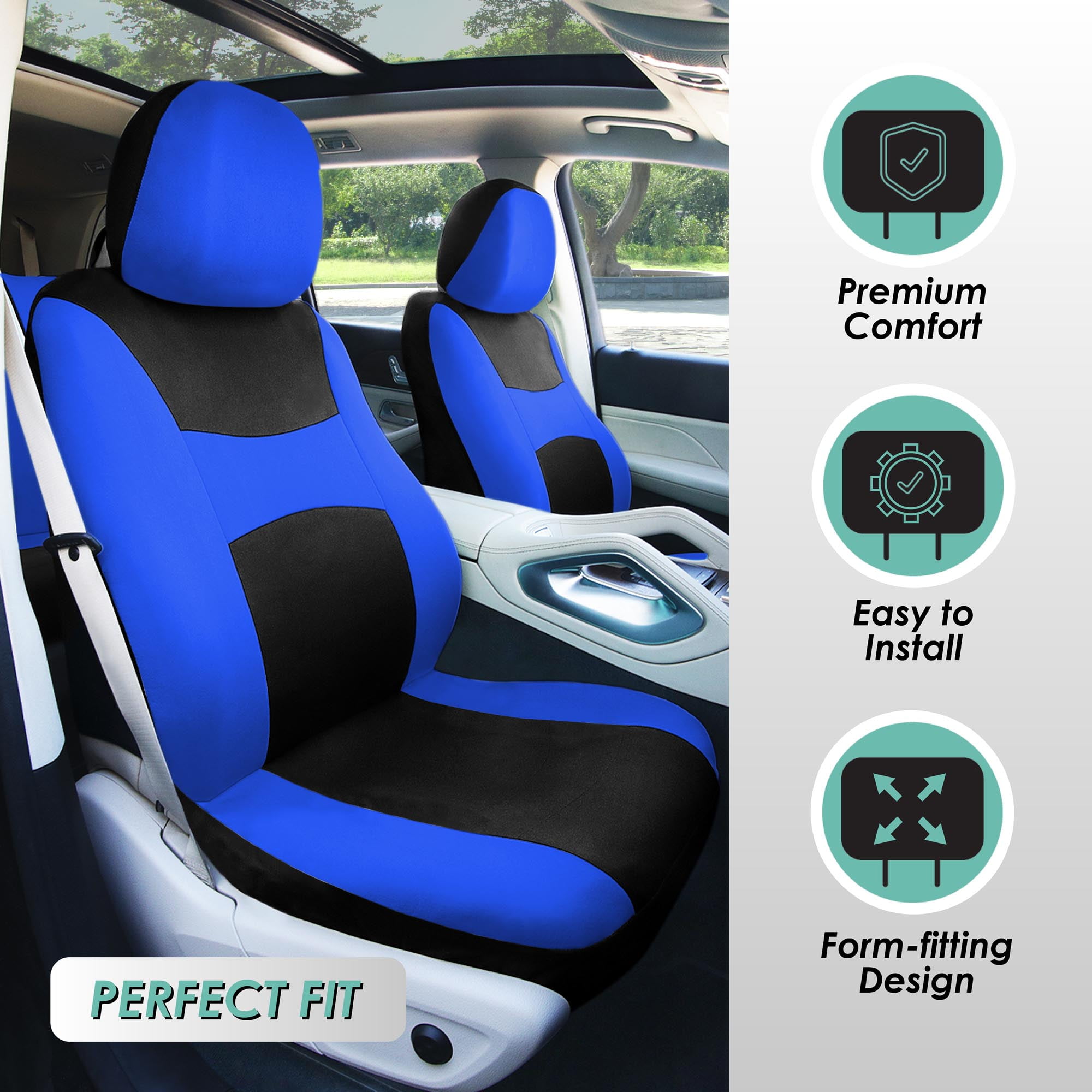 FH Group Universal Fit Flat Cloth Car Seat Cover Set For Car Truck SUV Van - Full Set Blue