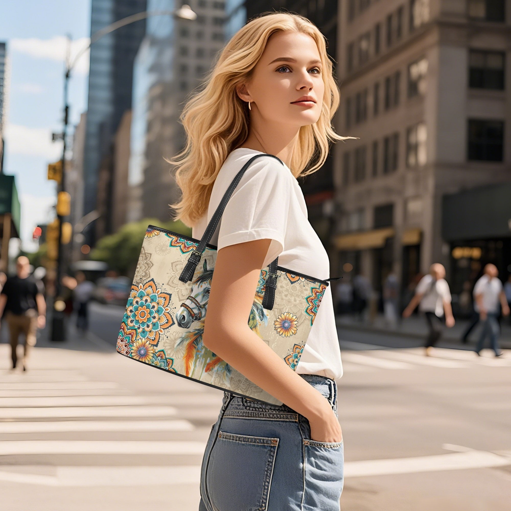 Kuiaobaty Horse Print Satchel Handbag for Women, Mandala Flowers Print Shoulder Bag Leather with Adjustable Strap, Ethnic Style Tote Handbag Set 2pcs for Travel, Beige