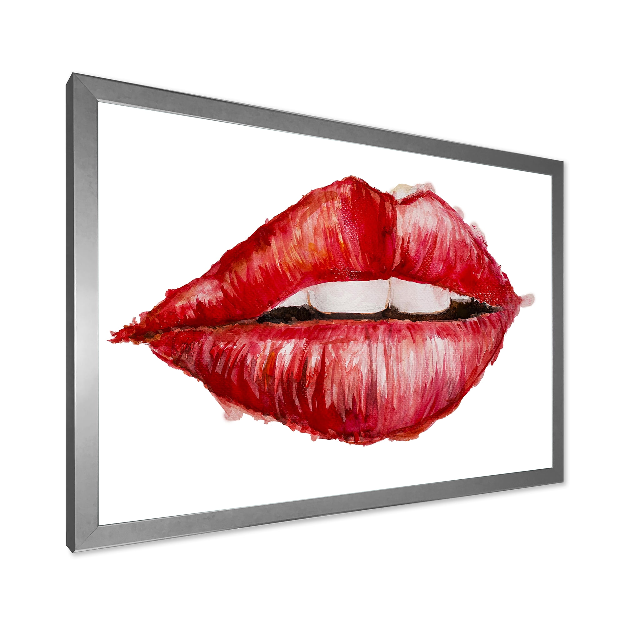 Designart 'Valentines Day Red Female Lips' Modern Framed Art Print
