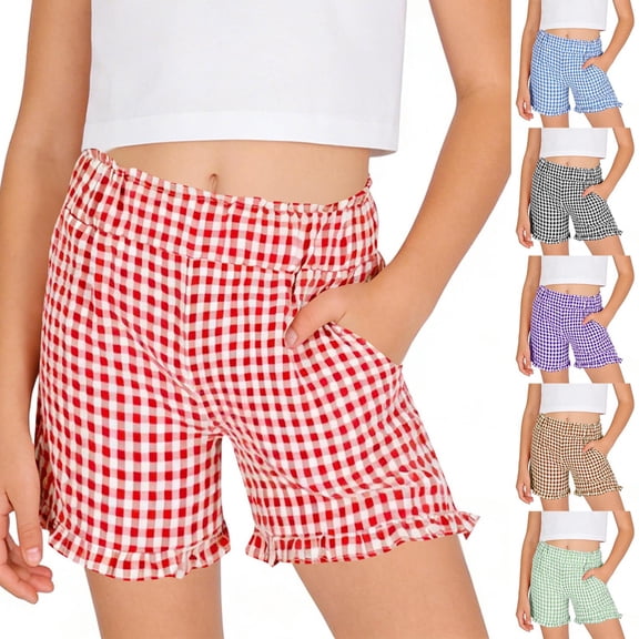 Kcolen Girls Plaid Shorts Kids Gingham Ruffle Hem Elastic Waist Wide Leg Cotton Toddler Bike Shorts with Pockets