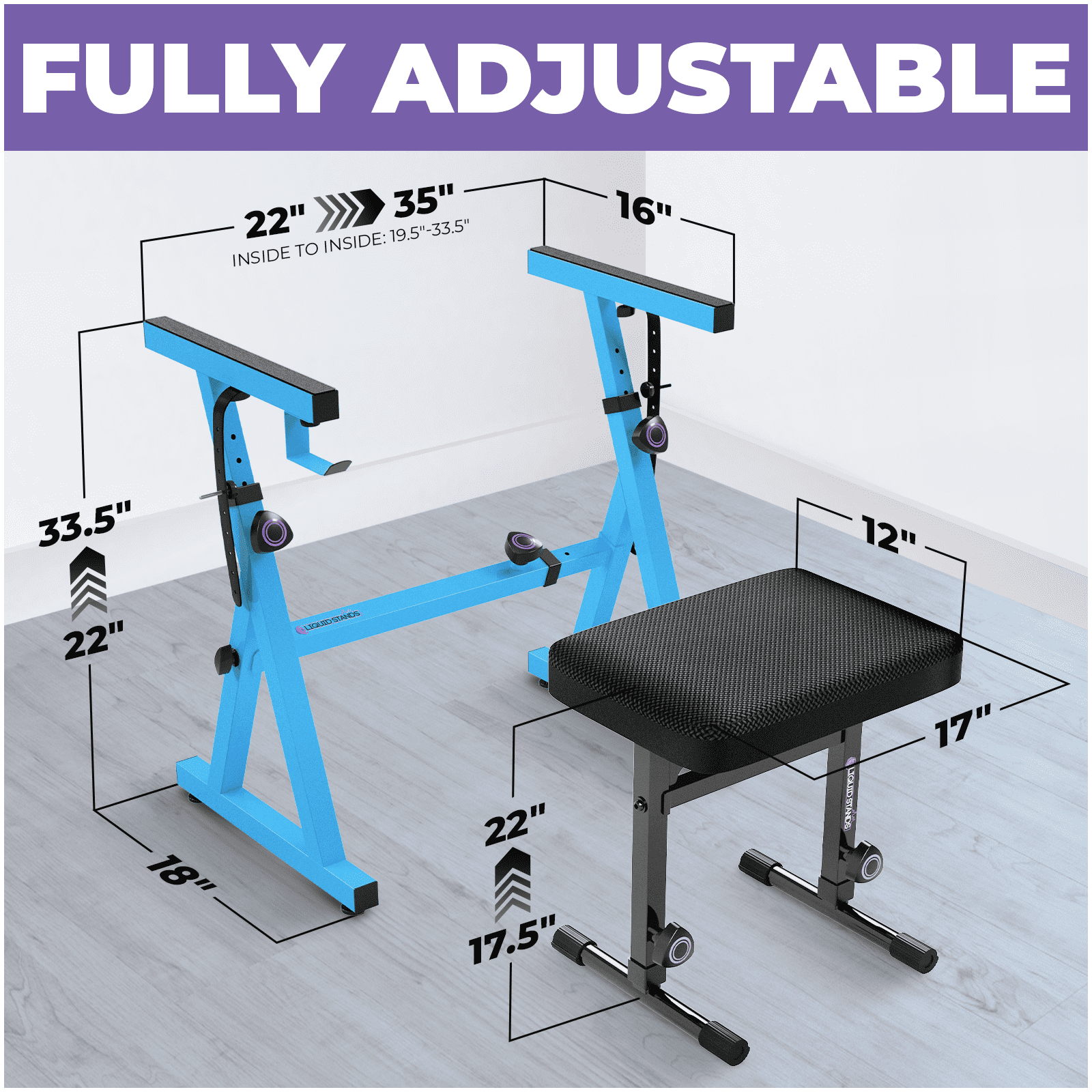 Liquid Stands Piano Keyboard Stand and Bench Set - Portable Heavy Duty Digital Piano Stand for 54-88 Key Electric Pianos & Adjustable Piano Bench, Chair, Stool - Blue Keyboard Music Stand and Seat