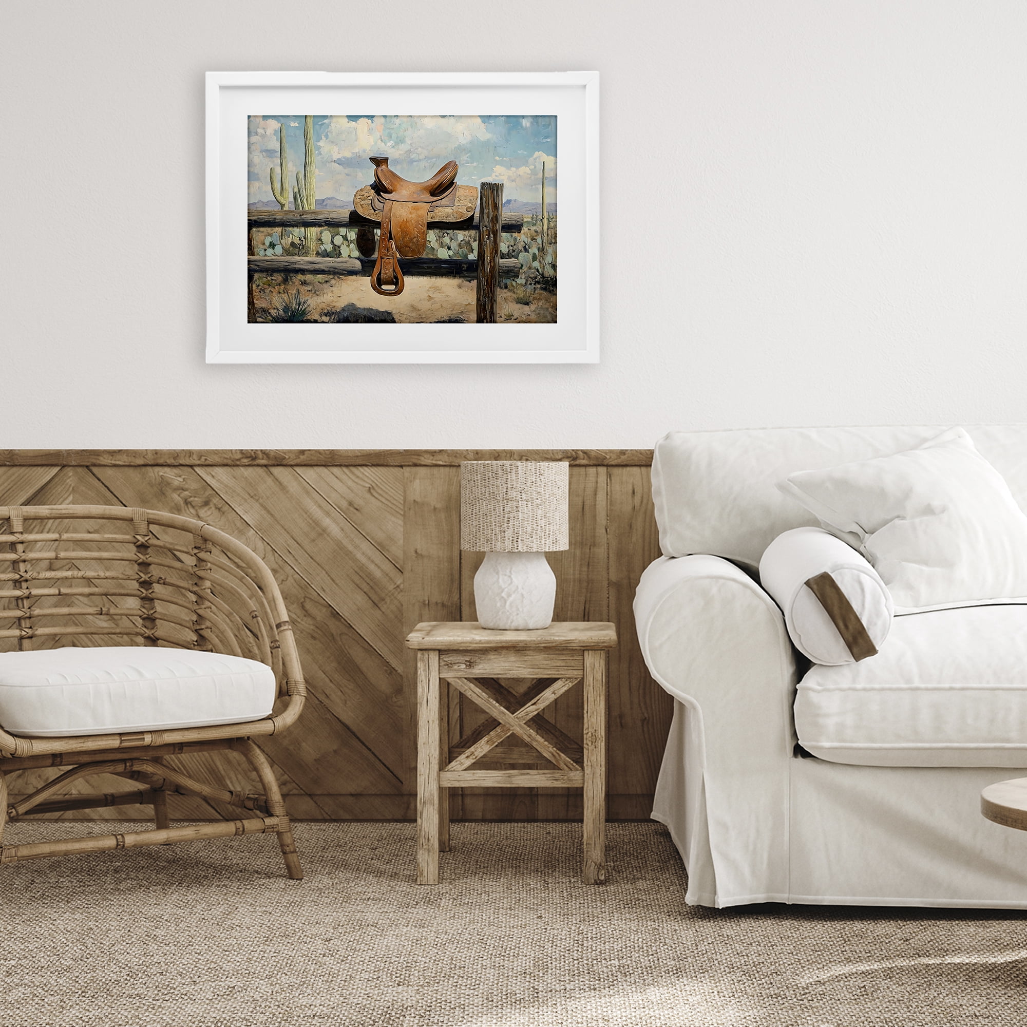 Stupell Industries Saddle on Desert Fence White Framed Print Under Glass, design by Franklyn Gregory