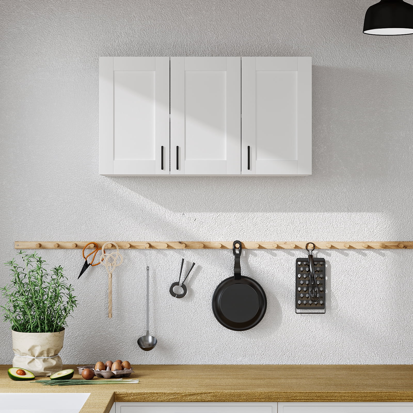 Fddevelop White Wood Laundry Room Wall Cabinet with 3 DoorS and Adjustable Shelf 35.4"W