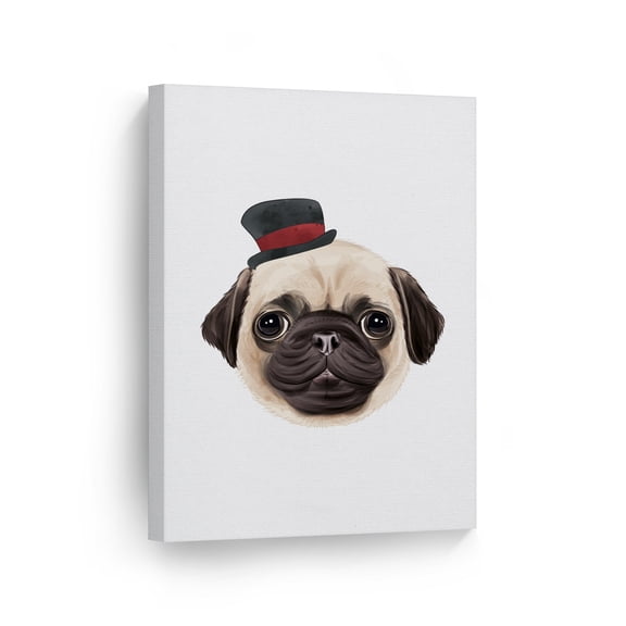 Smile Art Design Portrait of Cute Pug with Hat Watercolor Animal Canvas Wall Art Print Pet Owner Dog Lover Mom Dad Gift Office Living Room Bedroom Kids Baby Nursery Room Decor - 40x30