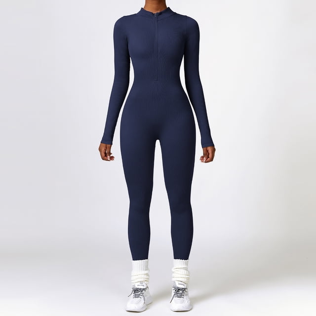 Mono de yoga de manga larga ajustado de invierno con cremallera y contracción abdominal, ropa deportiva de entrenamiento de alta resistencia para mujer