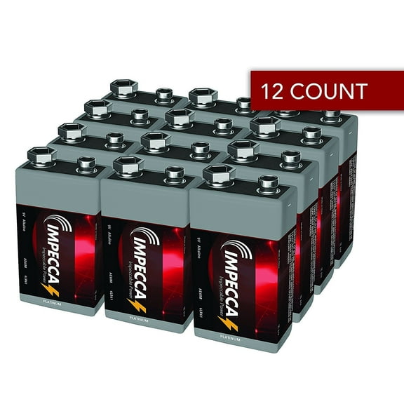 Impecca 9V Batteries, High Performance, Platinum Alkaline, Long Lasting 9V Battery, 12 Count 6LR61 -12