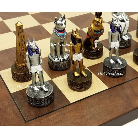 Egyptian Anubis Gold Silver Chess Men Set W/ Color Accents 17" Walnut Board