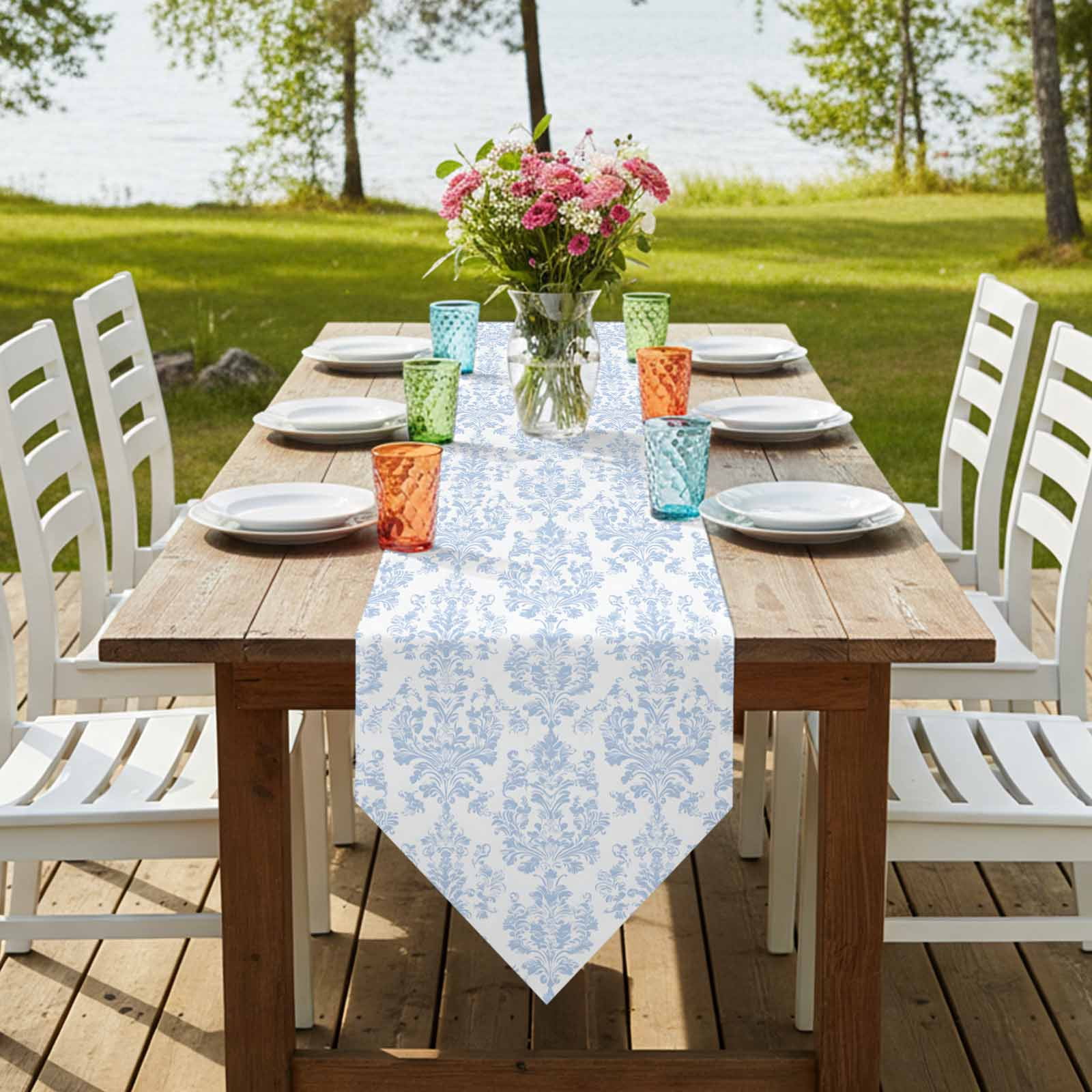 Blue Vintage Wallpaper Table Runner for Dining Room, Medieval Turkish Pattern Cotton Linen Dining Table Runner Tablecloth Dresser Scarves for Kitchen Cafe 13x120 Inches Long