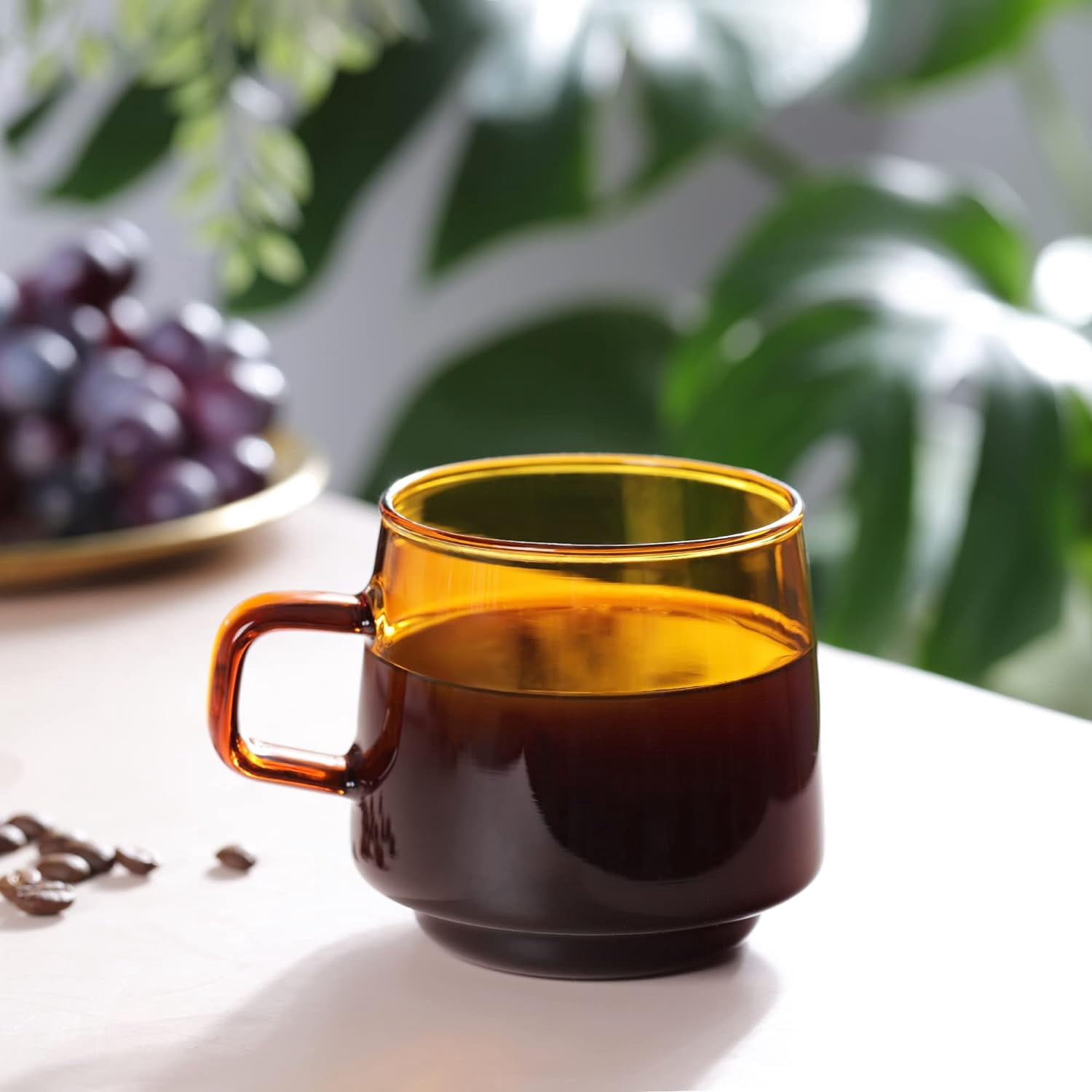 ABCISI Amber Glass Coffee Mugs Set of 2-10 oz Glass Stackable Coffee Cups with Handle - Colored Tea Cups Drinking Glasses for Espresso, Cappuccino, Latte, Tea, Milk