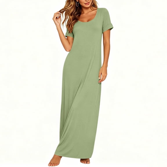 Yteetum Maxi Dresses for Women Summer Short Sleeve Crewneck A Line T Shirts Dresses Casual Solid Round Neck Loose Lightweight Comfy Long Dress