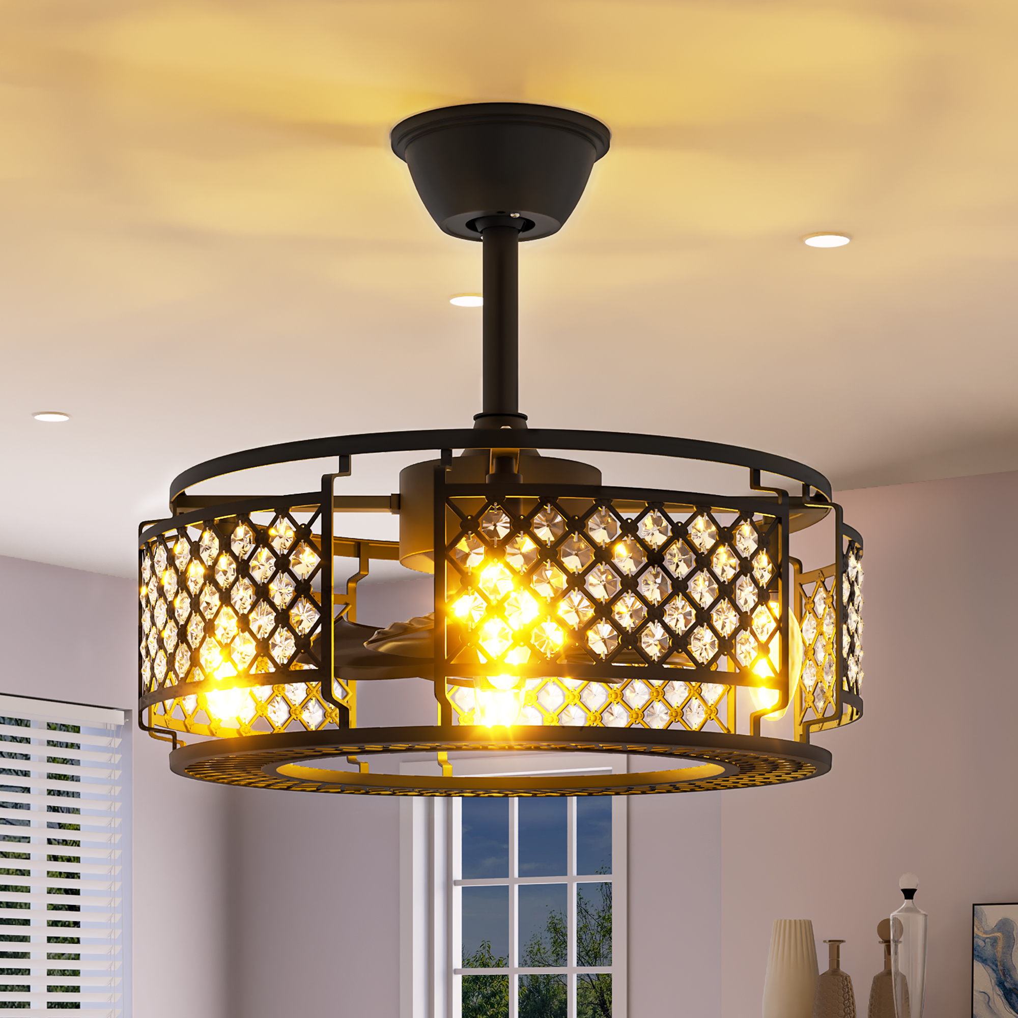 Uforic Industrial Ceiling Fan with Remote, Indoor Crystal Chandelier Fan for Living Room, Black
