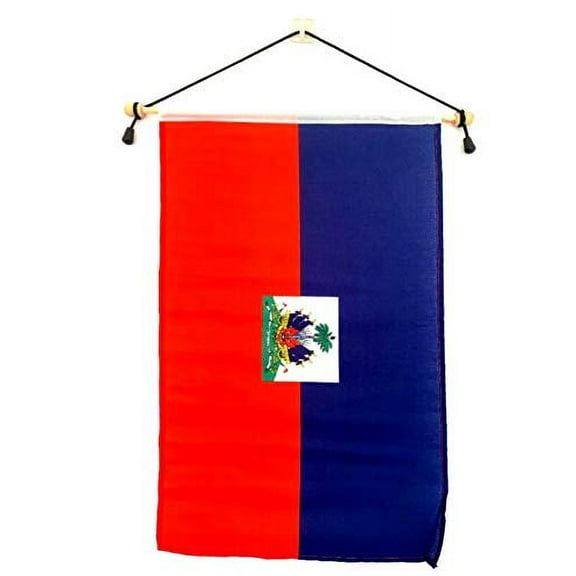 Haiti 12"x18" Polyester Wall Banner Flags, 12 x18 Haitian Wall or School Flag Mounted on a Birch Wood Banner Pole, Much Larger Than Mini 4"x6" Banner Flags