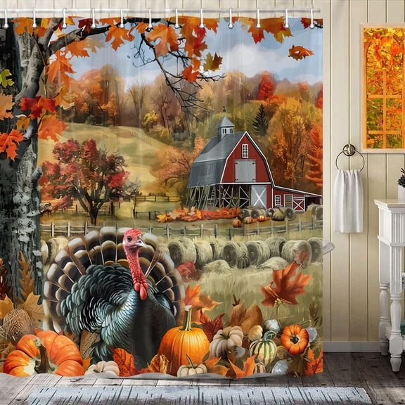 Fall Thanksgiving Shower Curtain, Rustic Autumn Farmhouse Pumpkins Turkey Shower Curtain for Bathroom, Farm Cabin Maple Leaf Harvest Fabric Bath Curtains with Hooks 70X72IN