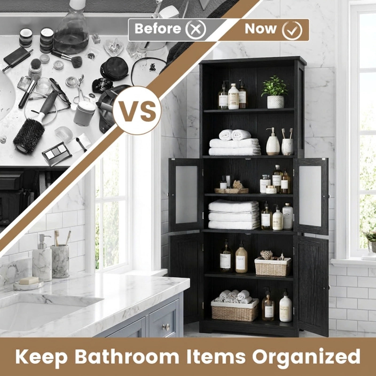 Vebreda Freestanding Bathroom Storage Cabinet, 6-Tier Freestanding Bathroom Cabinet with 2 Open Compartments and Adjustable Shelves