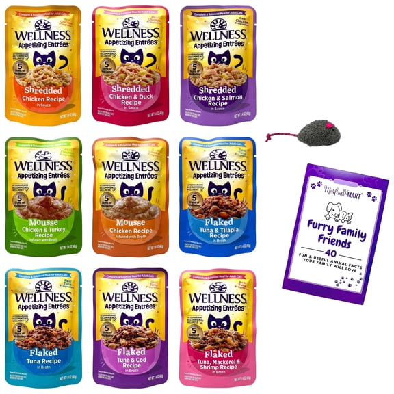 Wellness Appetizing Entrees Adult Wet Cat Food Variety 9-Pack | Shredded, Mousse & Flaked Recipes | 1.4 oz | MerlinsMart Zine | Catnip Toy