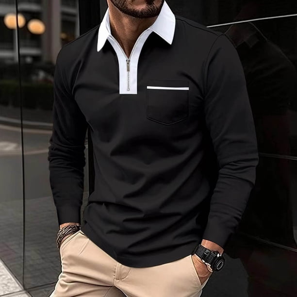 pstuiky camisas de manga larga para hombre, Camisa de golf de moda para hombre, de manga larga, con bolsillo y cuello abatible, de color liso camisetas de hombre xxl