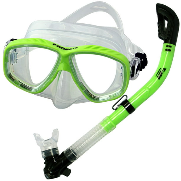 PROMATE Snorkeling Scuba Dive DRY Snorkel Mask Gear Set, Green