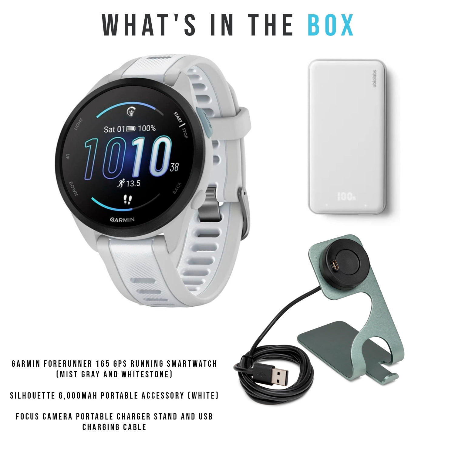 Garmin Forerunner 165 GPS Running Smartwatch (Mist Gray and Whitestone) Bundle with Silhouette Portable Accessory (White) and Focus Camera Portable Charger Stand and USB Charging Cable (3 Items)