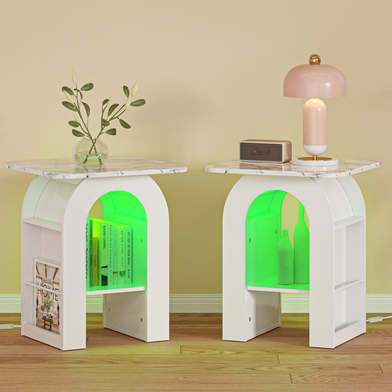 Small End Tables Living Room Set of 2 for Small Spaces, 19"W Marble Look Top Nightstand with RGB Strip, Side Table with Storage Shelf(White)